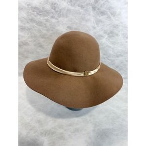 Vince Camuto Brown 100% Wool Floppy Wide Brim Hat with Gold Logo Medallion OS